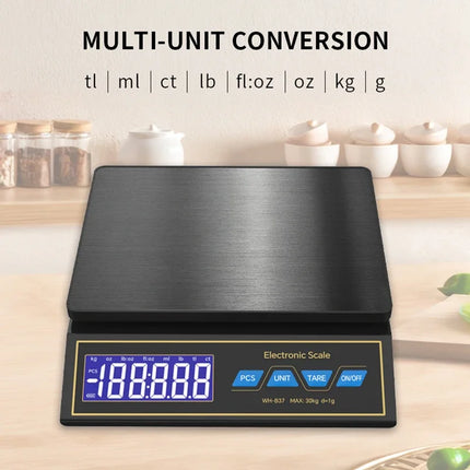LCD Digital Kitchen Scale 30kg/1g Rechargeable Stainless Steel Panel Electronic Scales Home Jewelry Food Weighing Baking Tools