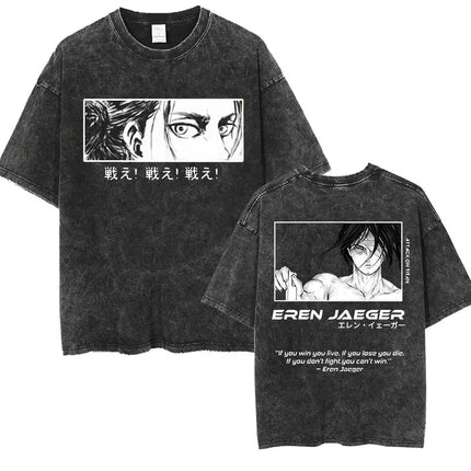 Anime Attack on Titan Vintage Washed Print T-shirt Mikasa Ackerman Eren Jaeger Wings of Freedom Logo Men's Summer Cotton T-shirts