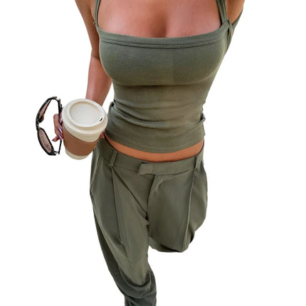 Green Thread Casual Tank Tops Woman Low-Neck Cross Strap Sleeveless Backless Crop Top Hot Girls High Street Classic Slim Fit Top