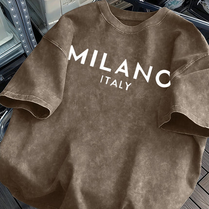 Milano Italy Printed Retro Tee Top Men's Summer Breathable Cotton T-Shirts Soft Fashion Washed Tee Unisex Casual Clothing