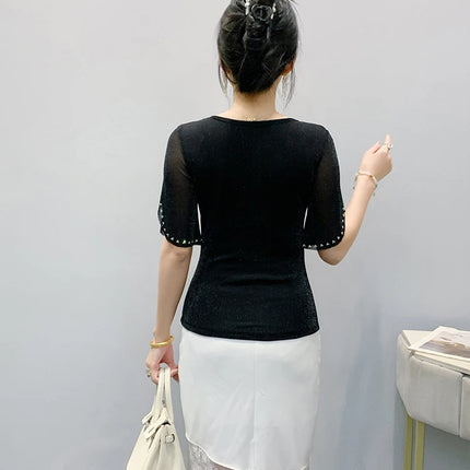 2025 Spring Summer Mesh Tops Korean Fashion Diamond T Shirt Slim 3/4 Sleeve Hollow Out Casual Women Shirt