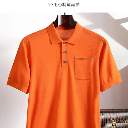 Spring and Summer New Polo Collar 100% Fine Wool Short Sleeve Men's Business Casual T-Shirt with Turn-down Collar and Pocket