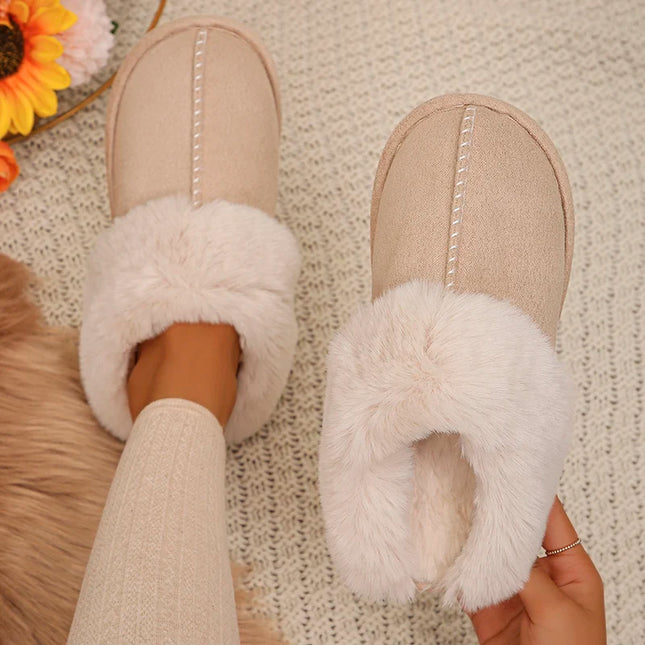 Closed Toe Warm Cotton Slippers Women Faux Fur Thick Plush Winter Home Shoes Woman Lightweight Casual Indoor Slides Female