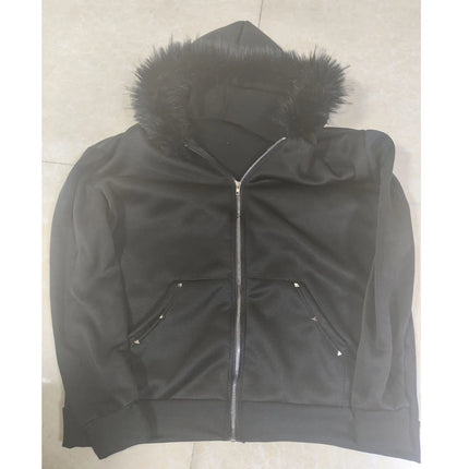 Plush collar rhinestone cardigan zipper hooded sweatshirt rhinestone dark style y2k trendy street women's hoodie