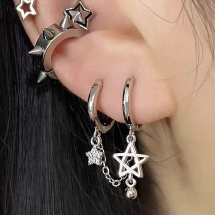 1PCS Silver Color Star Chain Double Ear Hole Stainless Steel Ear Bone Nail Y2K Fashion Hottie Earrings for Women Jewelry
