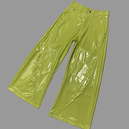 Nerazzurri Spring Autumn Studded Soft Shiny Bright Reflective Patent PVC Leather Wide Leg Pants for Men Y2K Streetwear Fashion