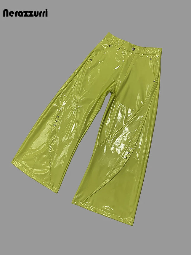 Nerazzurri Spring Autumn Studded Soft Shiny Bright Reflective Patent PVC Leather Wide Leg Pants for Men Y2K Streetwear Fashion