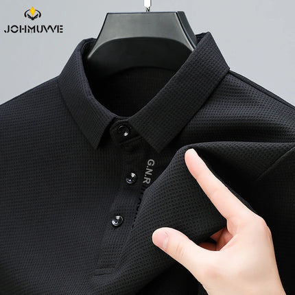 Men's Waffle Long-Sleeved Polo Shirt with Letter-Printed Lapel Casual Top