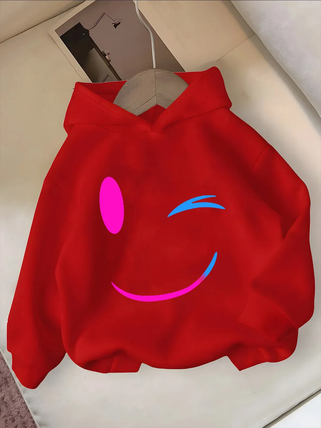 2026 autumn and winter simple smiling face printed hoodie for boys and girls outdoor leisure fashion sports sweatshirt