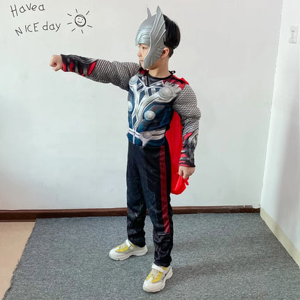 Kids Thor Muscle Costume Jumpsuit Superhero Thor Cosplay Jumpsuit Mask Hammer Suit Halloween Costumes for Child