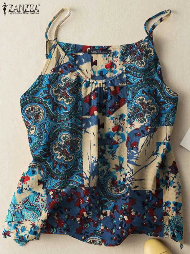 ZANZEA 2023 Summer Women Tanks Camis Cotton Sleeveless Printed Oversized Tops Baggy O-Neck Floral printed Blusas Tunic Tee
