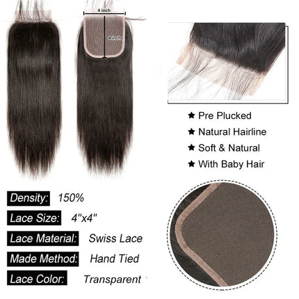 4x4 5x5 6x6 Lace Closure Human Hair Hand Tied Straight Transparent Lace Closure Brazilian Human Hair Length 12 inch to 24 inch