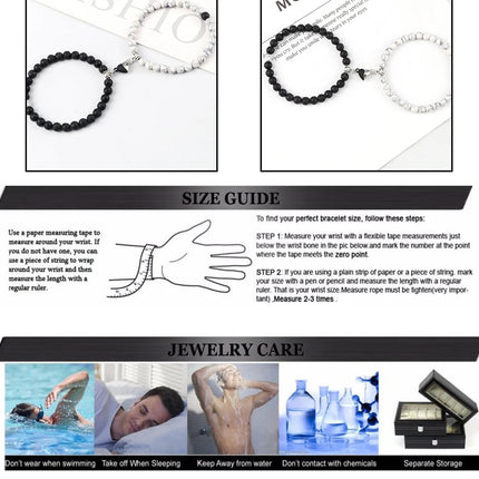 2Pcs/Set Sliver Black Color Magnet Pendant Bracelets 6MM 8MM White Porcelain Black Line Beads Couple Bracelet Jewelry Gift New