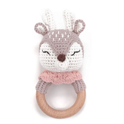 Amigurumi Cartoon Animal Baby Rattle Cute Wooden Ring Handhold Newborn Rattle Toys Handmade Pacifier Clips Kids Educational Toys