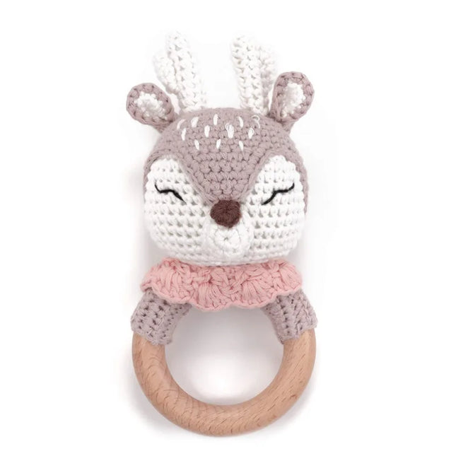 Amigurumi Cartoon Animal Baby Rattle Cute Wooden Ring Handhold Newborn Rattle Toys Handmade Pacifier Clips Kids Educational Toys