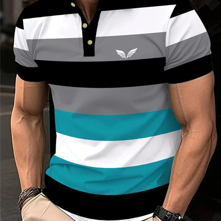 Men's Striped and Wing Printed Casual Short-Sleeved Top, Comfortable Thin and Breathable Short-Sleeved Regular Polo Shirt