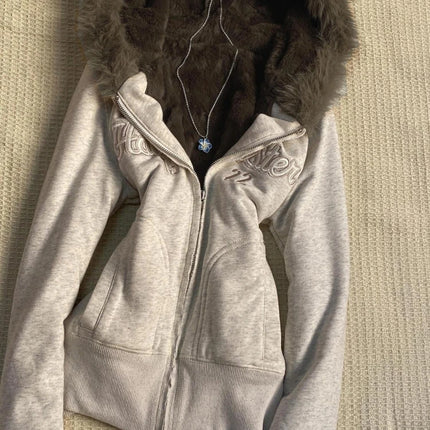 Y2k Aesthetic Vintage Fur Patchwork Hoodies Autumn Grunge Letter Embroidery Hoody Streetwear Cropped Zipper Sweatshirt Jackets