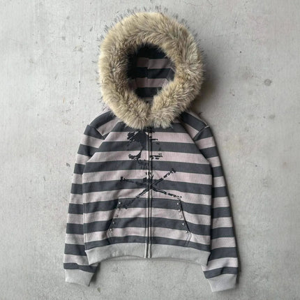 New American loose hooded sports hoodie with striped print for autumn and winter 2026, women's fur collar long sleeved hoodie