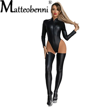 Women Long Sleeve PU Faux Leather Latex Bodysuit + Stocking Sexy High Cut Lingerie Sexy Catsuit One Piece Thong Stage Wear