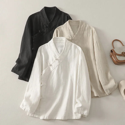Loose Fit Long Sleeve Shirt New Autumn 2025 Chinese Style Button Zen Study Robe Tea Ceremony Side Buttoned Cotton Linen Shirt