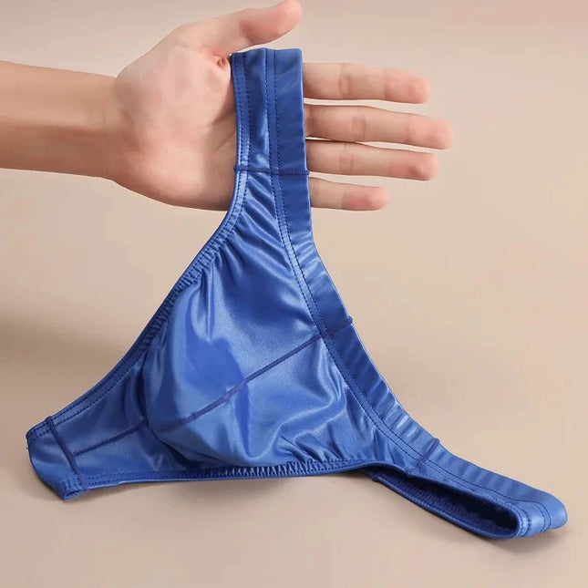 Men's Stretch Imitation Leather G-String Sexy Bugle Pouch T-Back Thong Korean Youth Solid Mid Waist Underwear Lingerie Parties