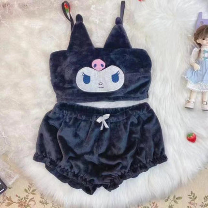 Sanrio Anime Kawaii Cartoon Winter Mymelody Kuromi Sweet Pajamas Comfortable Velvet Underwear Set Suspenders Tube Top Girls