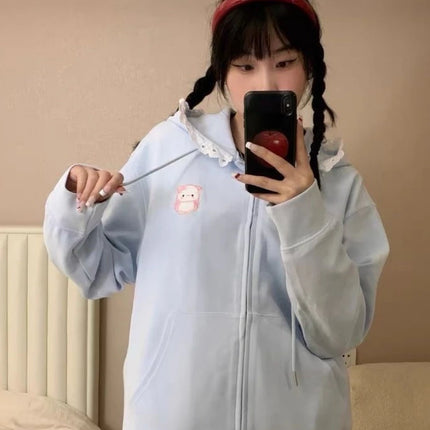 Japanese Autumn Casual Hoodies Oversized Lace Patchwork Harajuku Women's Tops Y2k Aesthetic Cartoon Embroidery Cute Sweatshirts