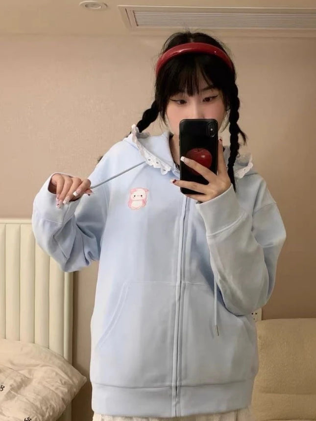 Japanese Autumn Casual Hoodies Oversized Lace Patchwork Harajuku Women's Tops Y2k Aesthetic Cartoon Embroidery Cute Sweatshirts