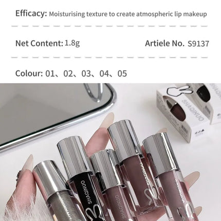 SHAQINUO Water Light Mirror Lip Gloss Lasting Moisturizing Cool Black Silver Gray Pearlescent Fine Sparkling Lipstick Lip Oil