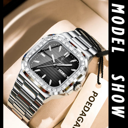 POEDAGAR Square Fashion Men's Watch Date Week Waterproof Luminous Quartz Man Watch Stainless Steel Luxury Sports Watches For Men