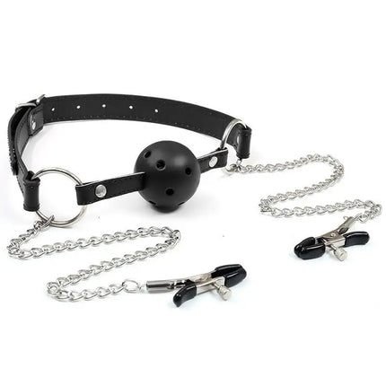 1Pc Erotic Toy PU Leather Mouth Gag Ball Oral Sex With Chain Clip Breast Nipple Clamps Bondage Harness Sex Toys Adult Games