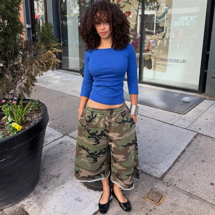 Y2K American Camo Shorts Camouflage Pattern Rough Edge Tassel Sweatshorts New Summer High Street Streetwear Unisex Baggy Shorts