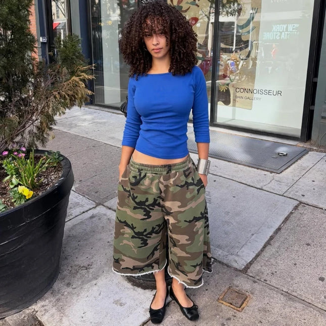 Y2K American Camo Shorts Camouflage Pattern Rough Edge Tassel Sweatshorts New Summer High Street Streetwear Unisex Baggy Shorts