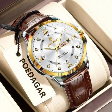 POEDAGAR Original Luxury Male Wristwatch Waterproof Luminous Date Week Men Watch High Quality Leather Quartz Men's Watches Reloj