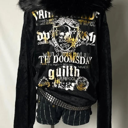 Harajuku Oversized Letter Printing Plus Velvet Padded Hooded Sweater Women Y2K Rock  Vintage Casual Street Joker Sweatshirt