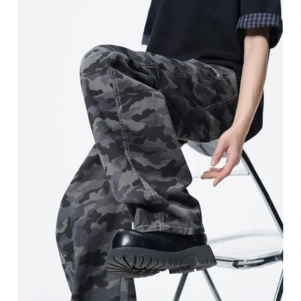 American High Street Camouflage Pants Unisex Spliced Curved Knife Pants Men's Street Style Jeans Gothic Men's Pants Y2K Clothing