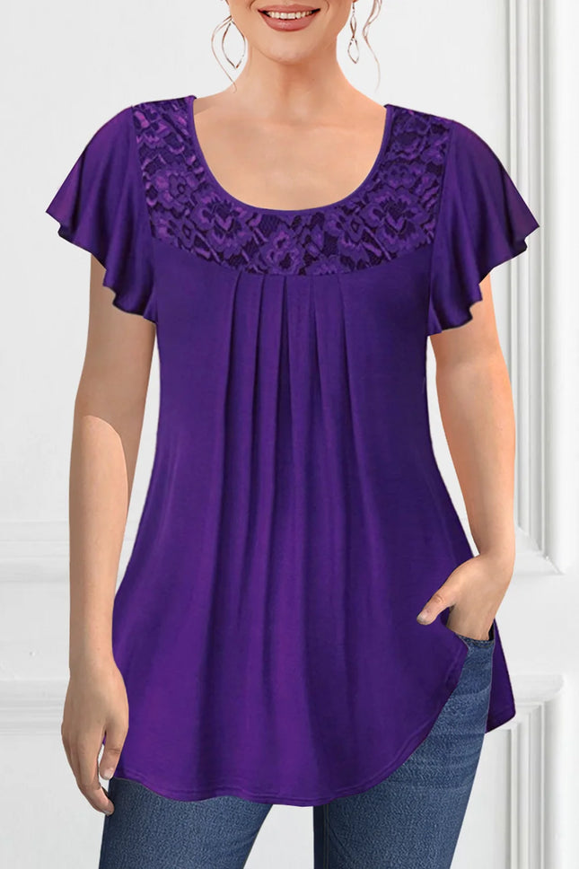 Plus Size Casual Purple Lace Stitching Pleated Ruffle Sleeve Blouse