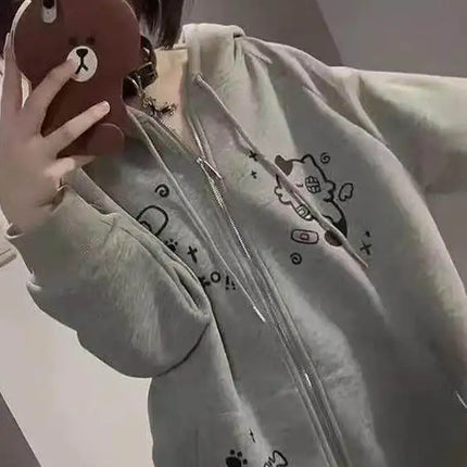 Cute  Print Hoodie Women's Oversized Fleece Lined Autumn Winter Jacket Korean Style Commute Friendly Regular Fit Zipper