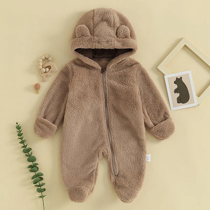 Baby Plush Rompers Autumn Newborn Boys Girls Long Sleeve Hooded Zipper Closure Jumpsuits Winter Warm Toddler Infant Outfits