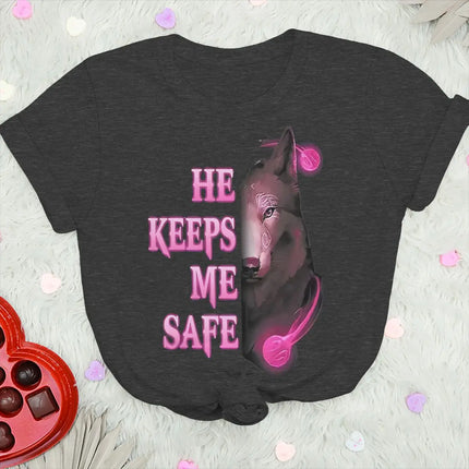 Vintage Wolf Print T Shirt For Couple "He Keeps Me Safe She Keeps Me Wild" Women Men Harajuku Husband Wife Anniversary Tshirts