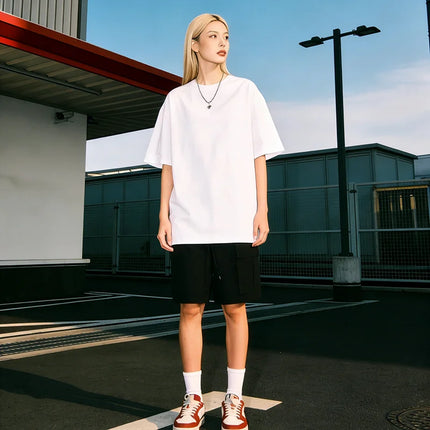 2026 New Summer Couple T-shirts Oversized Cotton T-Shirt Casual High Street Short Sleeves Tee Shirt Basic Solid Color Loose Tops