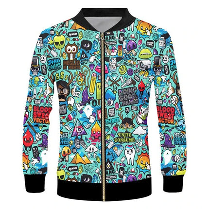 Psychedelic Graphic Jacket Pop 3D Printed Zipper Jacket Unisex Casual Overcoat Loose Plus Size Zip Up Coat Outdoor Sportwear Top