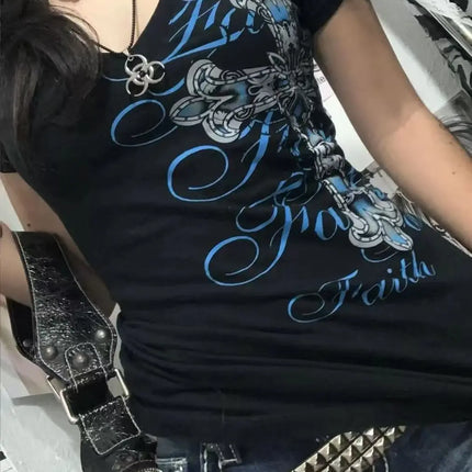 Rock Gothic Streetwear Letter Cross Graphic T-shirts Gyaru 2000s Clothes Harajuku Top Women V-neck Tees Sweet Y2k Vintage T-shirt