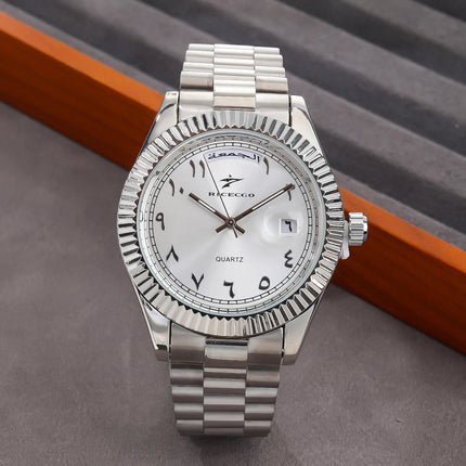 Business quartz watch with Arabic numeral markers, date display, textured dial, and bezel design, suitable for both business and leisure.