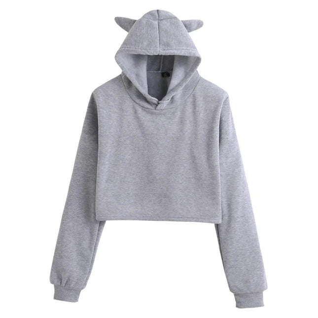 Cropped Short Belly Hoodie Pullover Cat Ear Cute Hooded Sweatshirt Solid Spring Casual Crop Top Coat For Women
