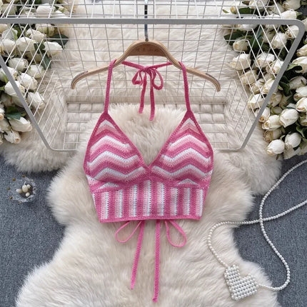 Beach Vacation Style Cami Top Women Design Sense Color Blocking Hook Flower Slim Fit Camisole Short Sexy Exposed Navel Crop Tops