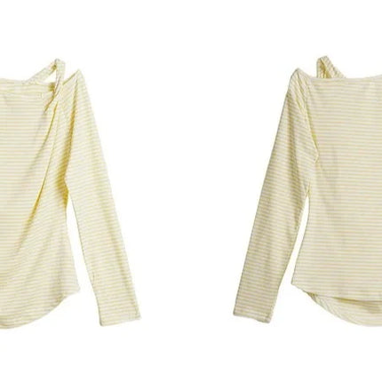 OLrain Women's Striped Tops 2026 Spring French Style Hollow Out Ladies T-shirts Casual Slim Fit Folds Female Tees O58CT003055