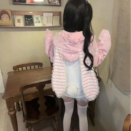 Japanese Kawaii Rabbit Ears Hoodies Tops Women Design Loose Dot Lace Patchwork Cute Coat Harajuku Chic Sweet Lovely Sweatshirts