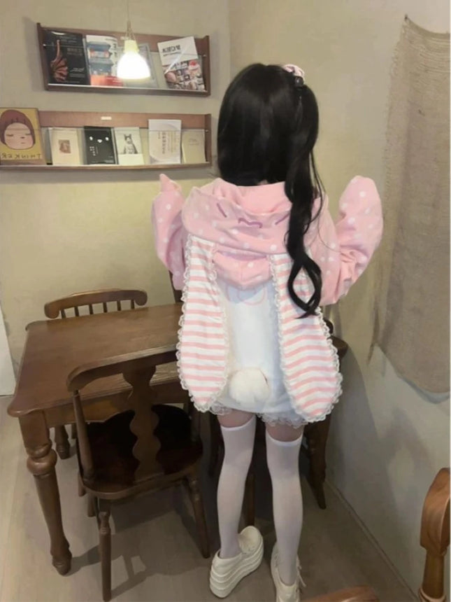 Japanese Kawaii Rabbit Ears Hoodies Tops Women Design Loose Dot Lace Patchwork Cute Coat Harajuku Chic Sweet Lovely Sweatshirts