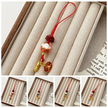 Sweet Cartoon Maneki Neko Key Chain Ceramic Ornament Lucky Cat Phone Charm Fortune Phone Lanyard Lucky Cat Phone Strap Girls
